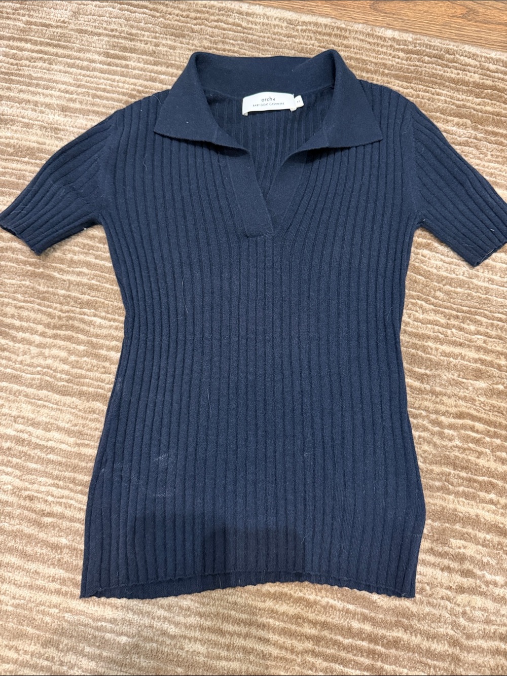 Arch4 Baby goat cashmere Navy Ribbed Polo Sweater